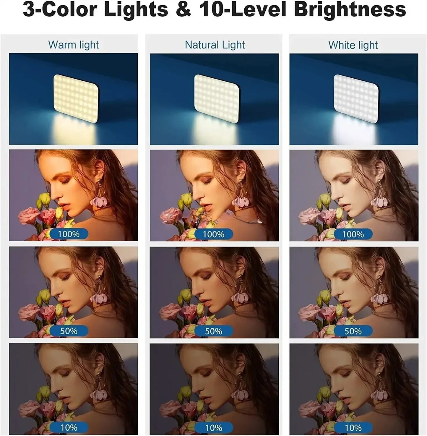 LED selfie invullicht met 3 lichtkleuren en 10 helderheidslevels