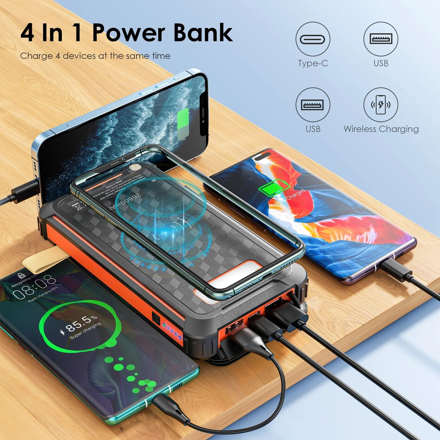 Zonne-energie powerbank 4 apparaten opladen