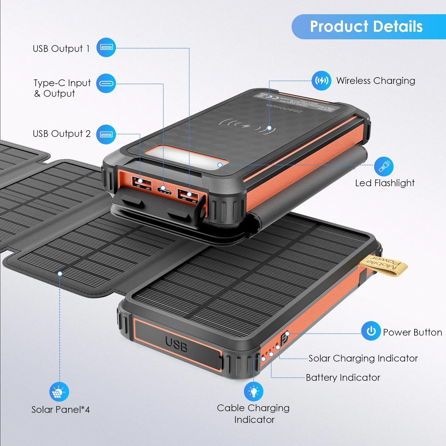 Zonne-energie powerbank met details