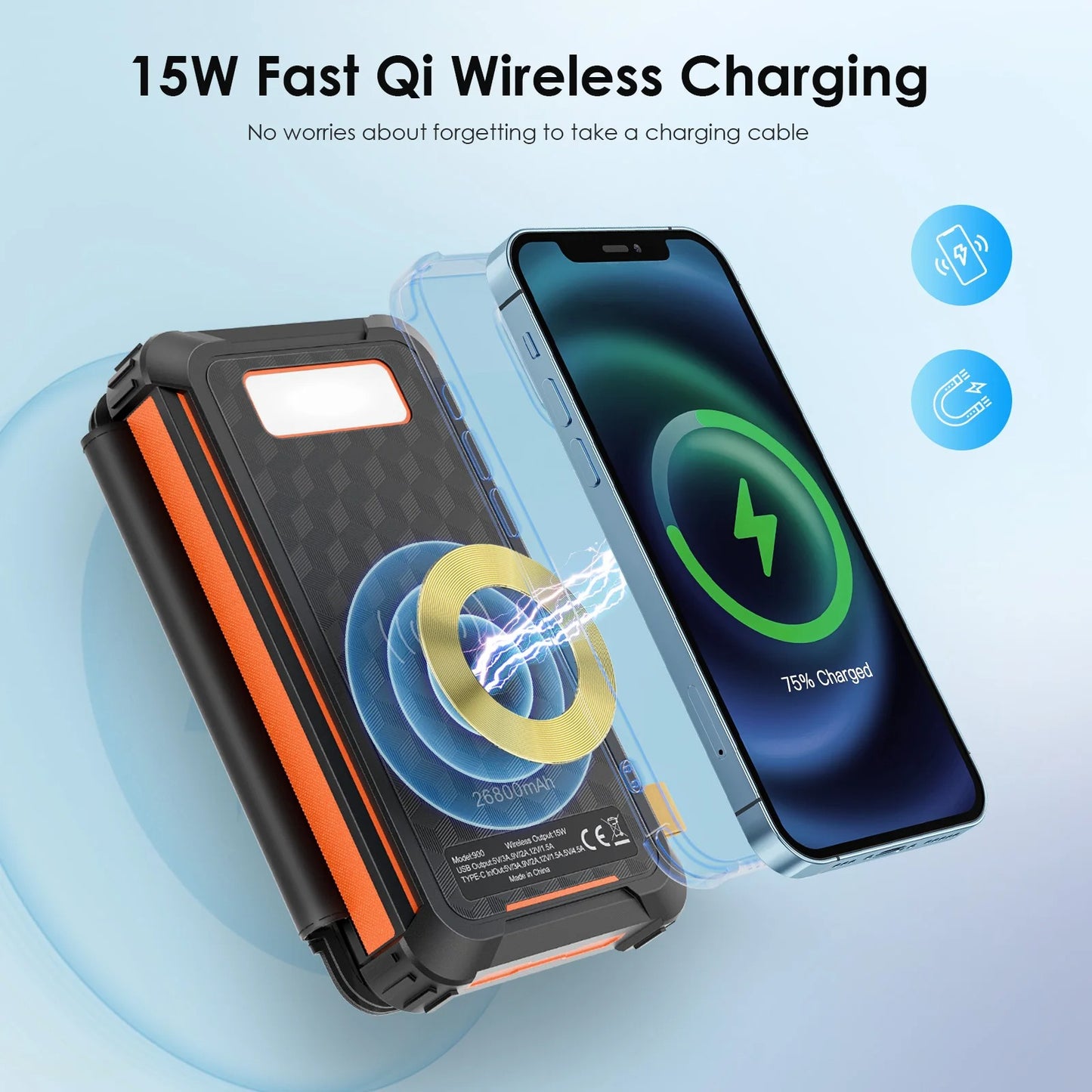 Zonne-energie powerbank met draadloos opladen