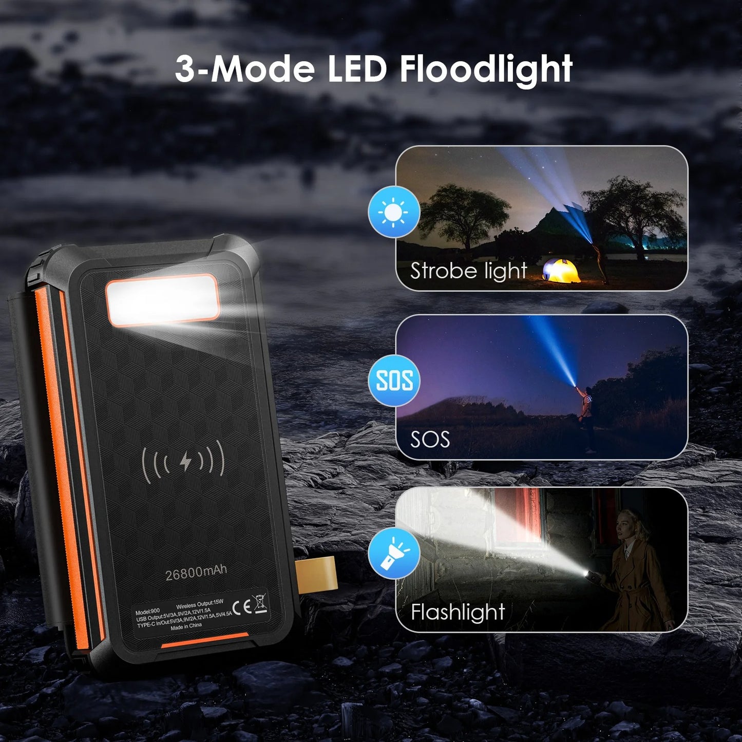 Zonne-energie powerbank met 3 Led-licht modi