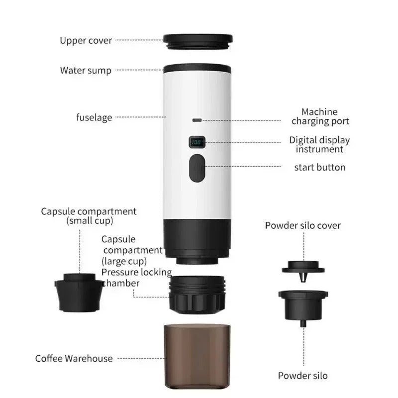 Draagbaar espresso apparaat met details