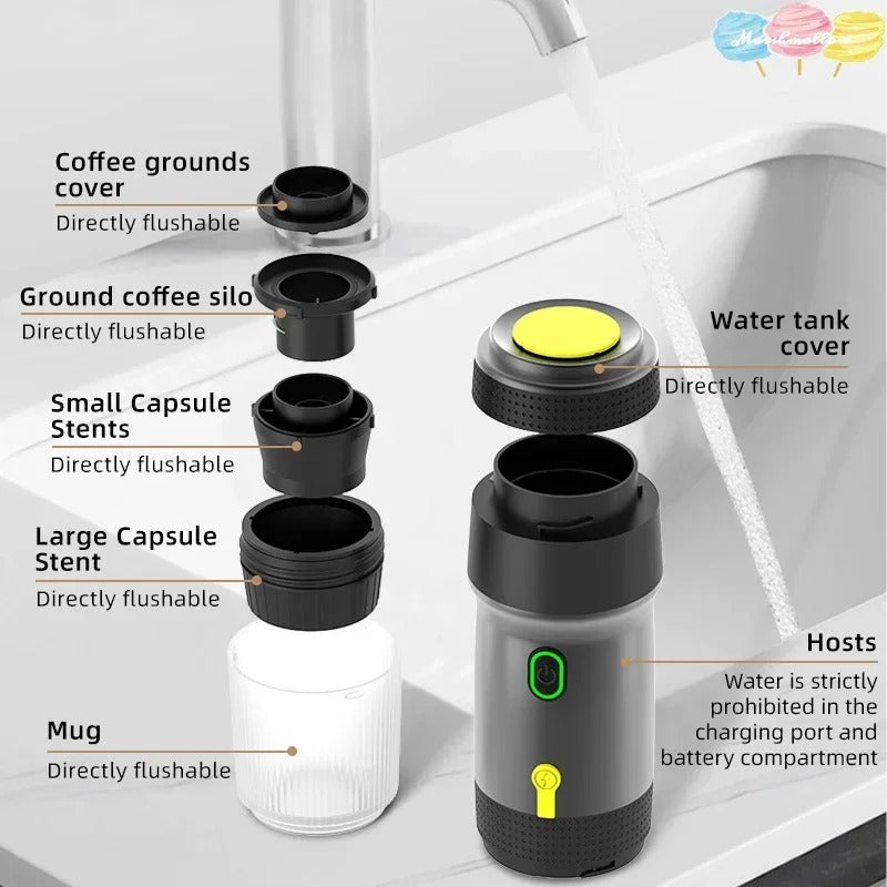 Draagbare espresso machine met details